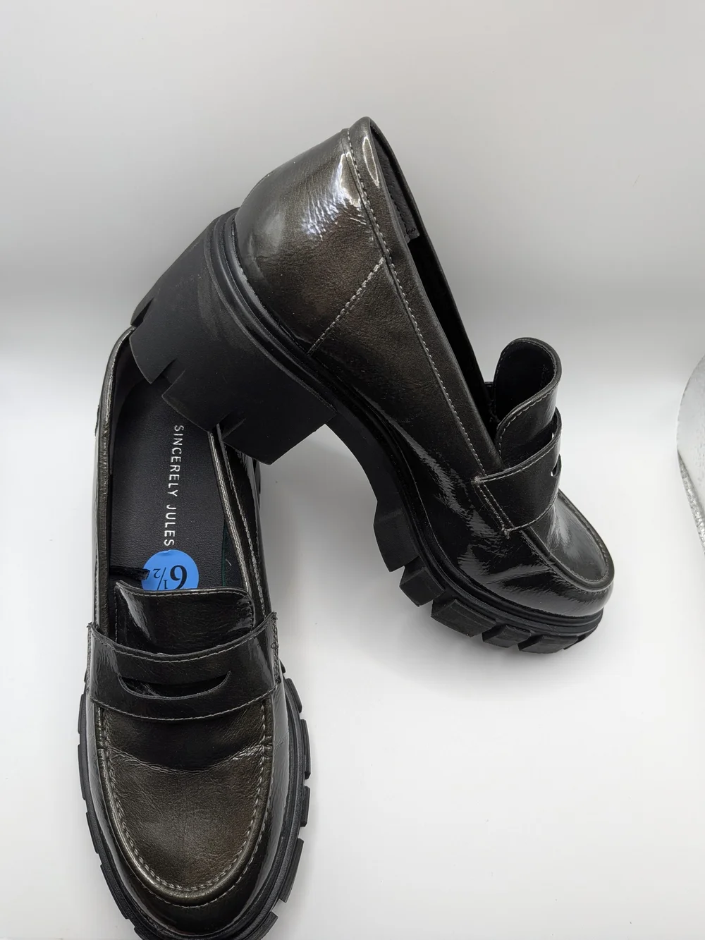 Chunky Patent Leather Platform Loafers 6.5 Green Gray Sincerely Jules Dylan